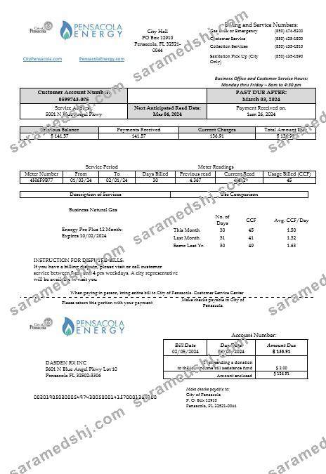 USA Florida Pensacola Energy business utility bill template in Word and PDF formats